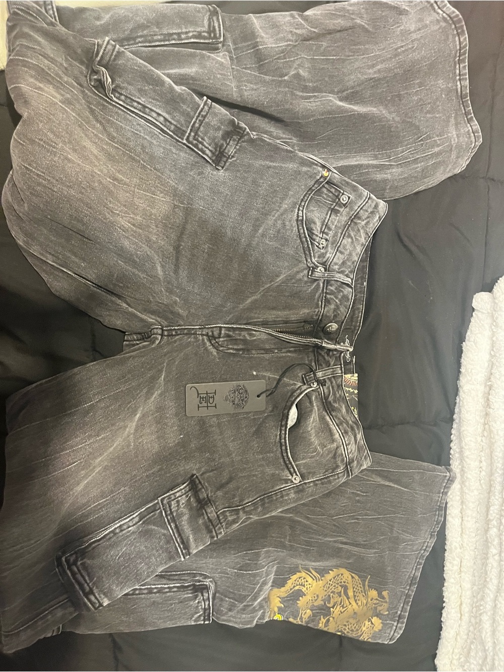 Ed Hardy Black Washed Boyfriend Jeans with Gold Dragon Accent